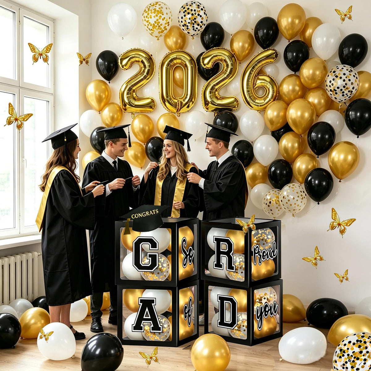 TOCGAID latex balloons in black, white, and gold accents.