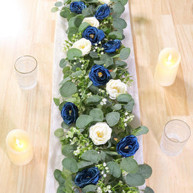 TOCHGREEN 2-pack garland with blue-white roses for elegant wedding decor