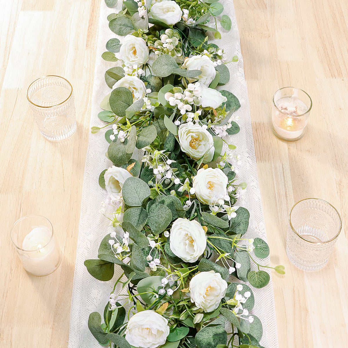 TOCHGREEN 2 pack garland with white roses for wedding backdrops and parties