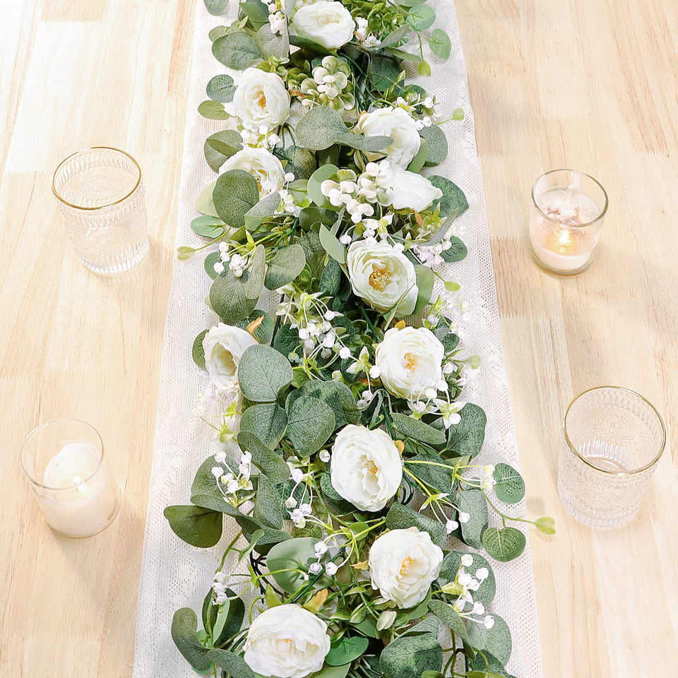 TOCHGREEN 2 pack garland with white roses for wedding backdrops and parties