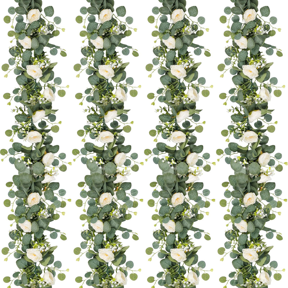TOCHGREEN artificial eucalyptus garland with white roses, 1.8 m length for elegant decor.