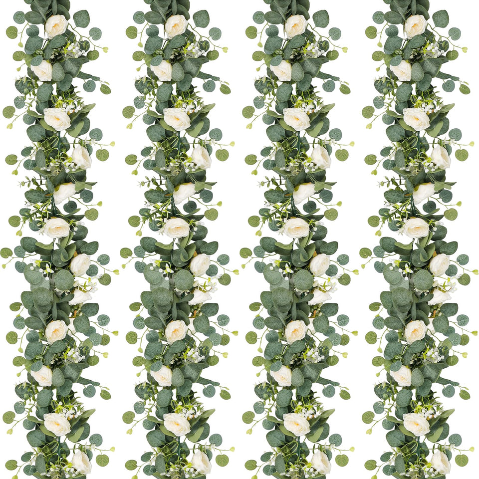 TOCHGREEN artificial eucalyptus garland with white roses, 1.8 m length for elegant decor.