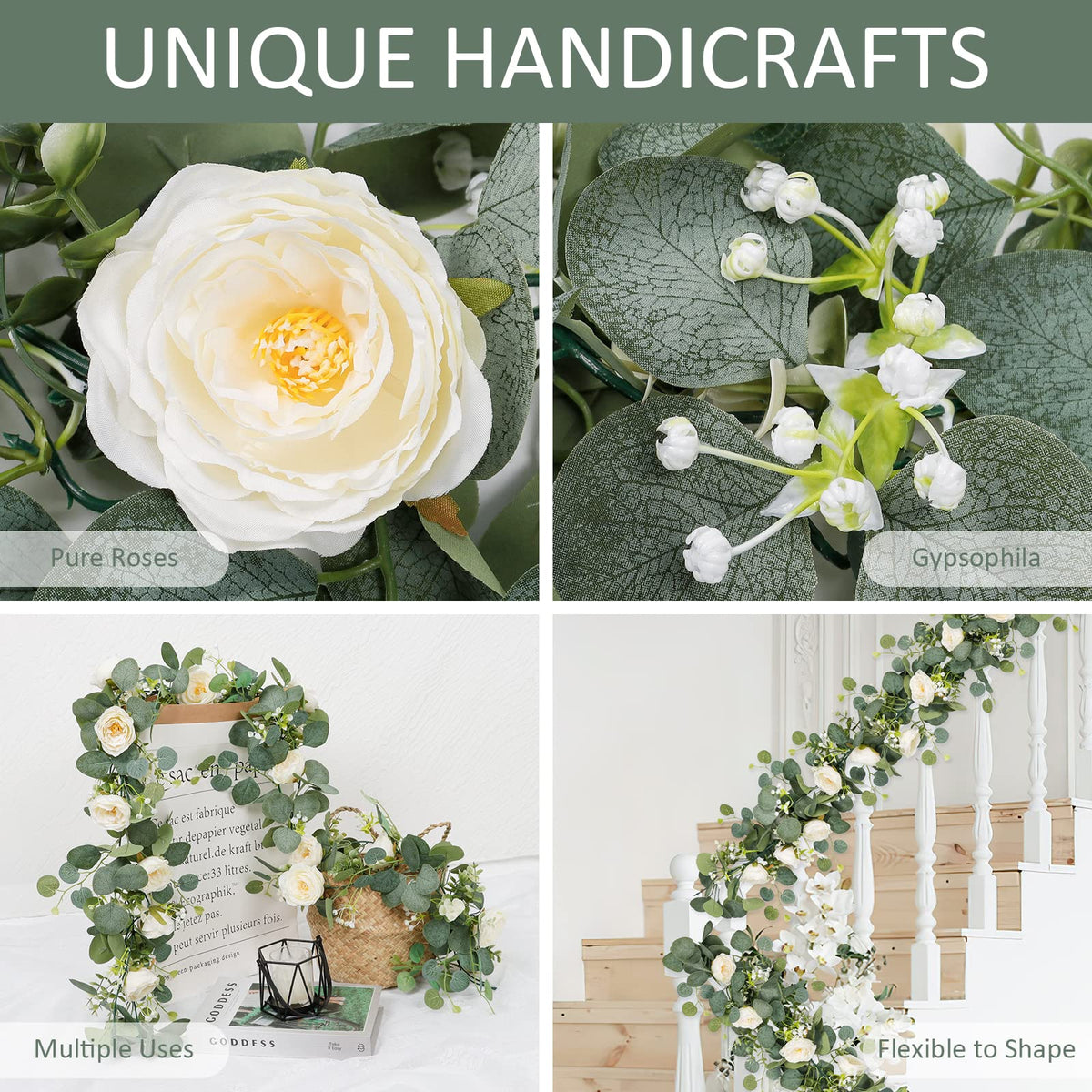 TOCHGREEN white roses garland on a table runner elevates dining ambiance.