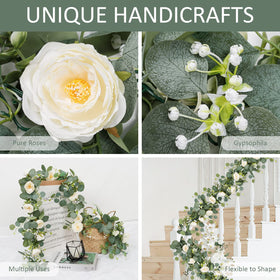 TOCHGREEN white roses garland on a table runner elevates dining ambiance.
