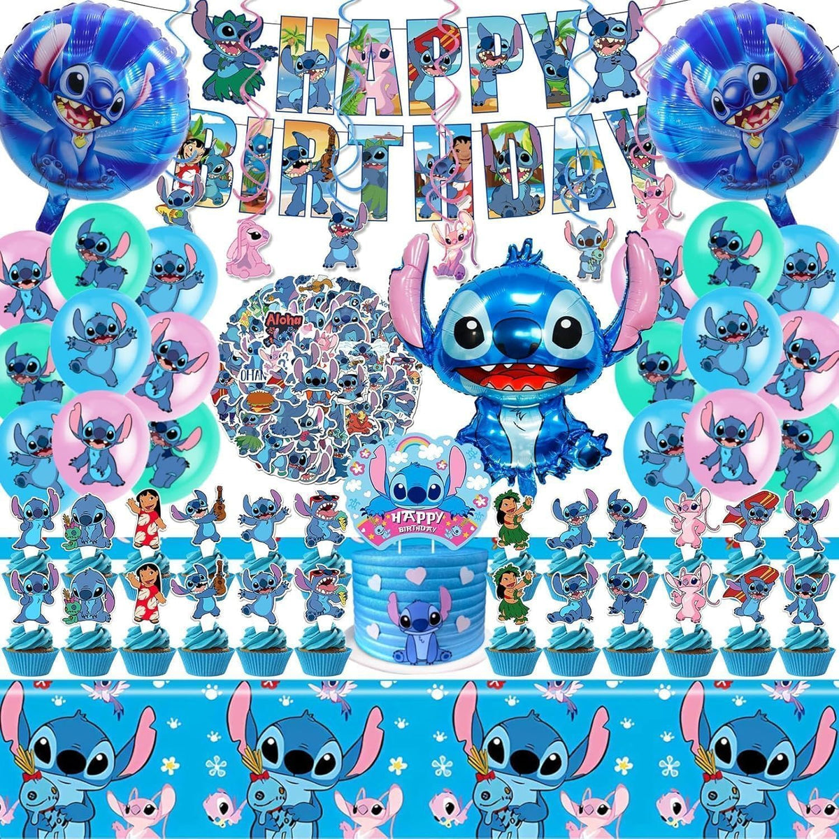 TOCKFIT Stitch banner enhances the birthday party theme with bright, cohesive visuals.