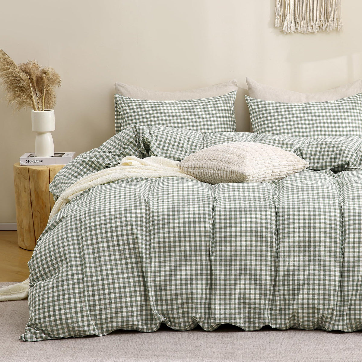 TOCOMOA green gingham duvet cover king flatlay for timeless bedroom style.