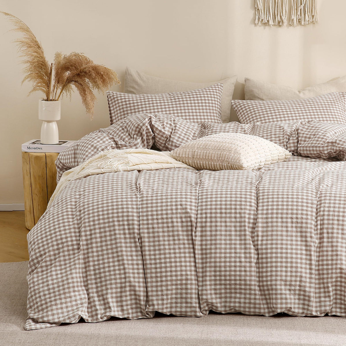 TOCOMOA Tan Gingham duvet cover in king size with timeless plaid charm