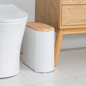 TODAYGO small trash can with wood grain lid fits tight spaces and blocks odors.
