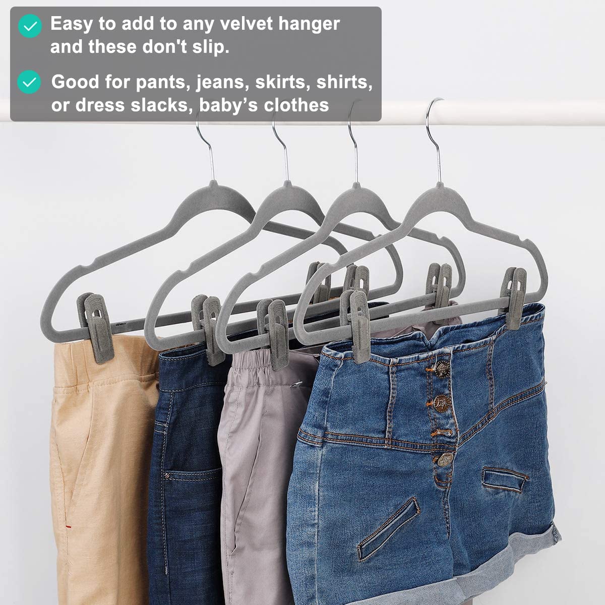 TOFIIGREM grey velvet hanger clip demonstrates strong grip to prevent slips