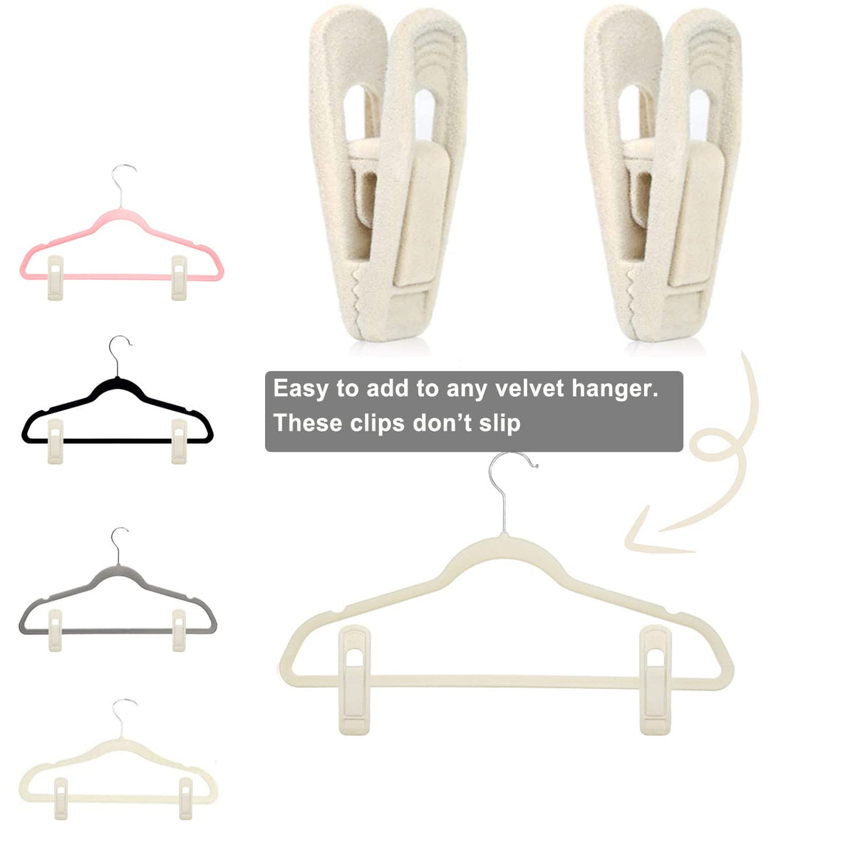 TOFIIGREM velvet clips on pants demonstrating secure storage