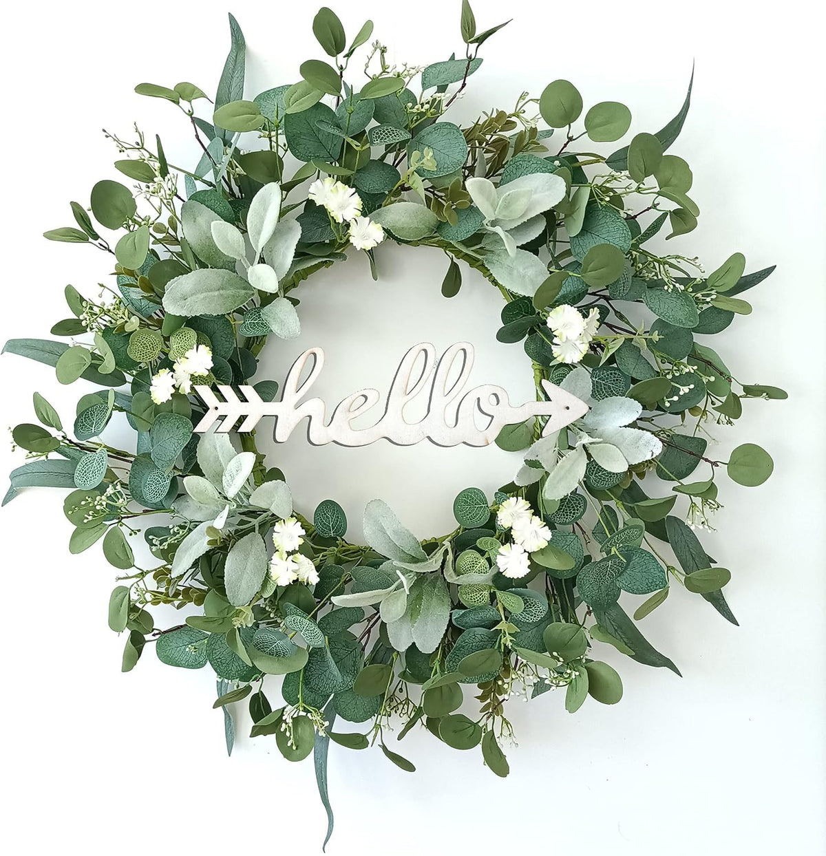 TOKCARE eucalyptus wreath with hello sign on front door, welcoming guests beautifully.