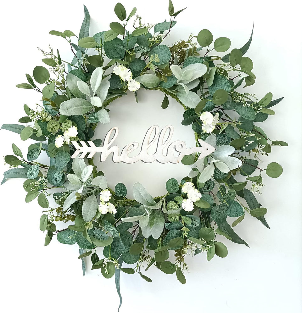 TOKCARE eucalyptus wreath with hello sign on front door, welcoming guests beautifully.