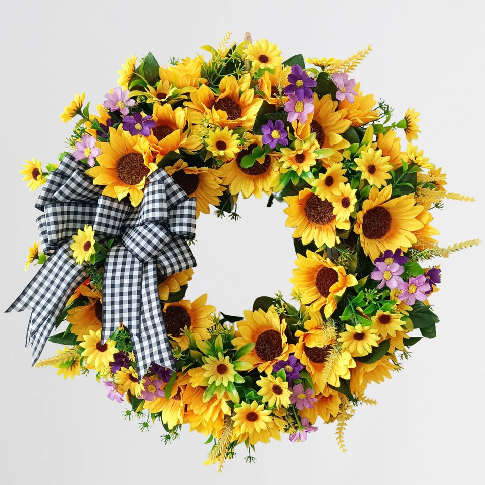 TOKCARE sunflower wreath with bow enhances the front door entry