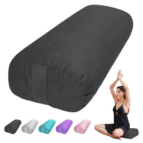 TokSay yoga bolster pillow with rectangular black velvet cover for restful Yin poses.