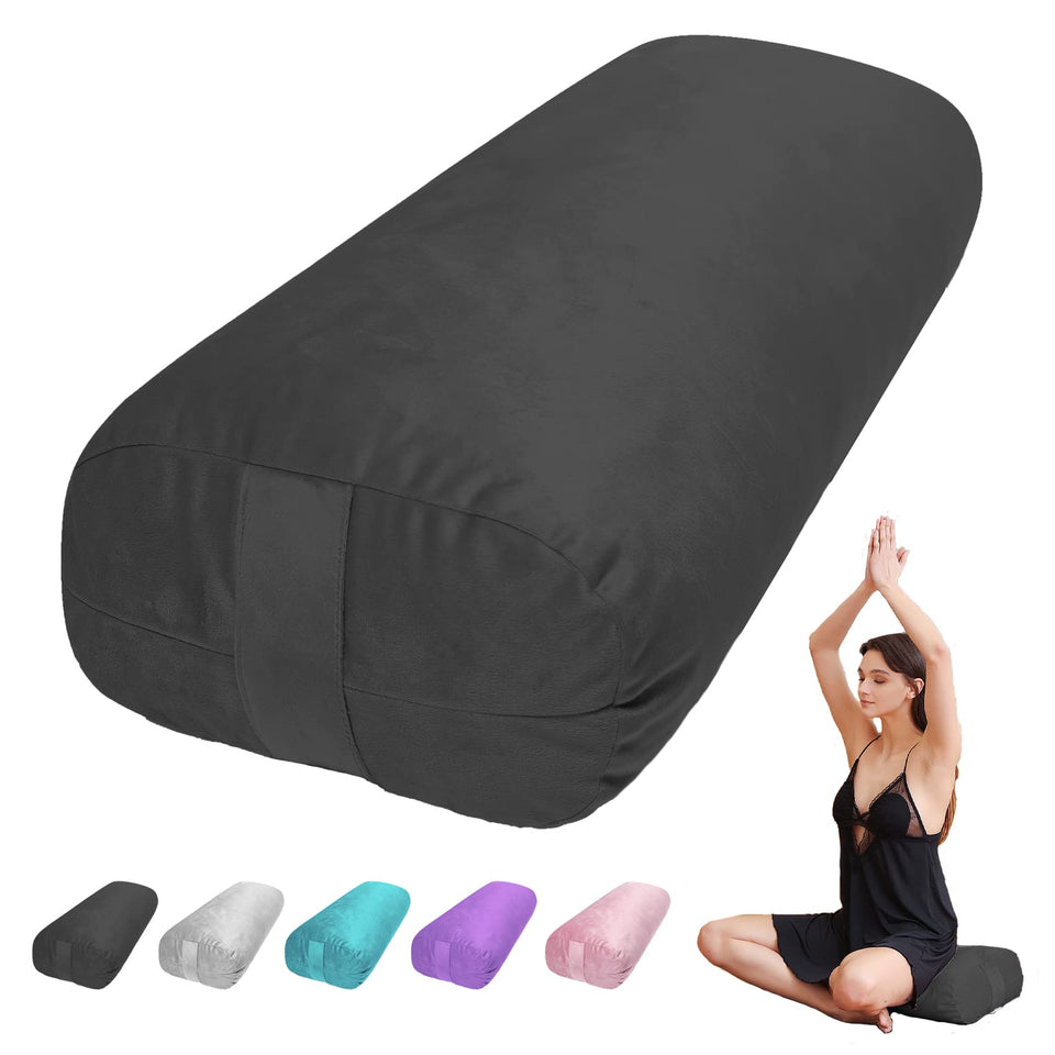 TokSay yoga bolster pillow with rectangular black velvet cover for restful Yin poses.
