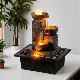 Tolevoit three bowls tabletop fountain front view with gentle water flow for calm ambiance.