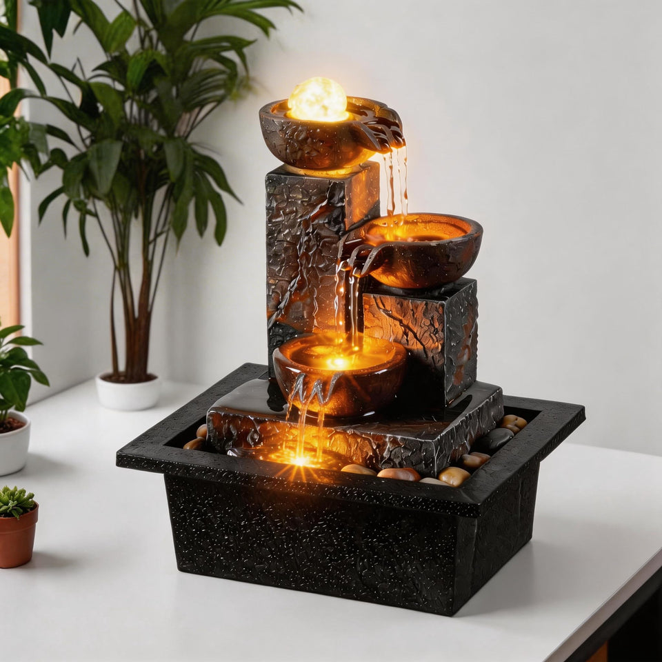 Tolevoit three bowls tabletop fountain front view with gentle water flow for calm ambiance.
