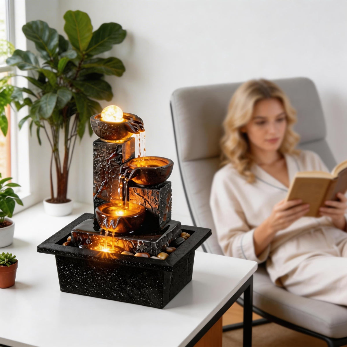 Tolevoit tabletop fountain with warm LED light creating a cozy night glow.