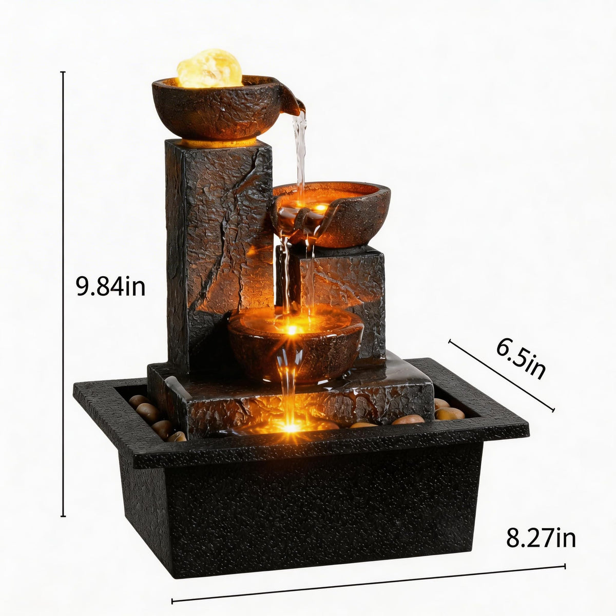 Tolevoit three bowls fountain side view highlighting rotating ball and tranquil waterfall.