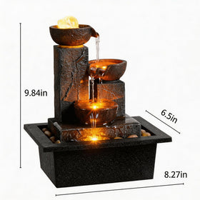 Tolevoit three bowls fountain side view highlighting rotating ball and tranquil waterfall.