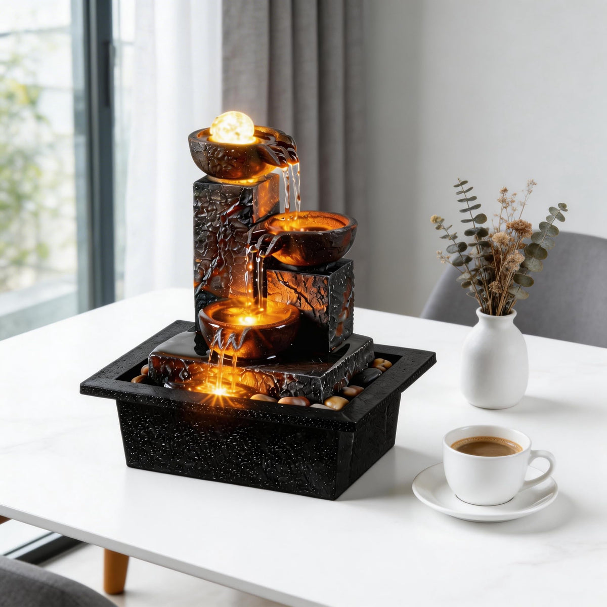 Tolevoit three-bowls fountain over pebbles adds natural texture to decor.