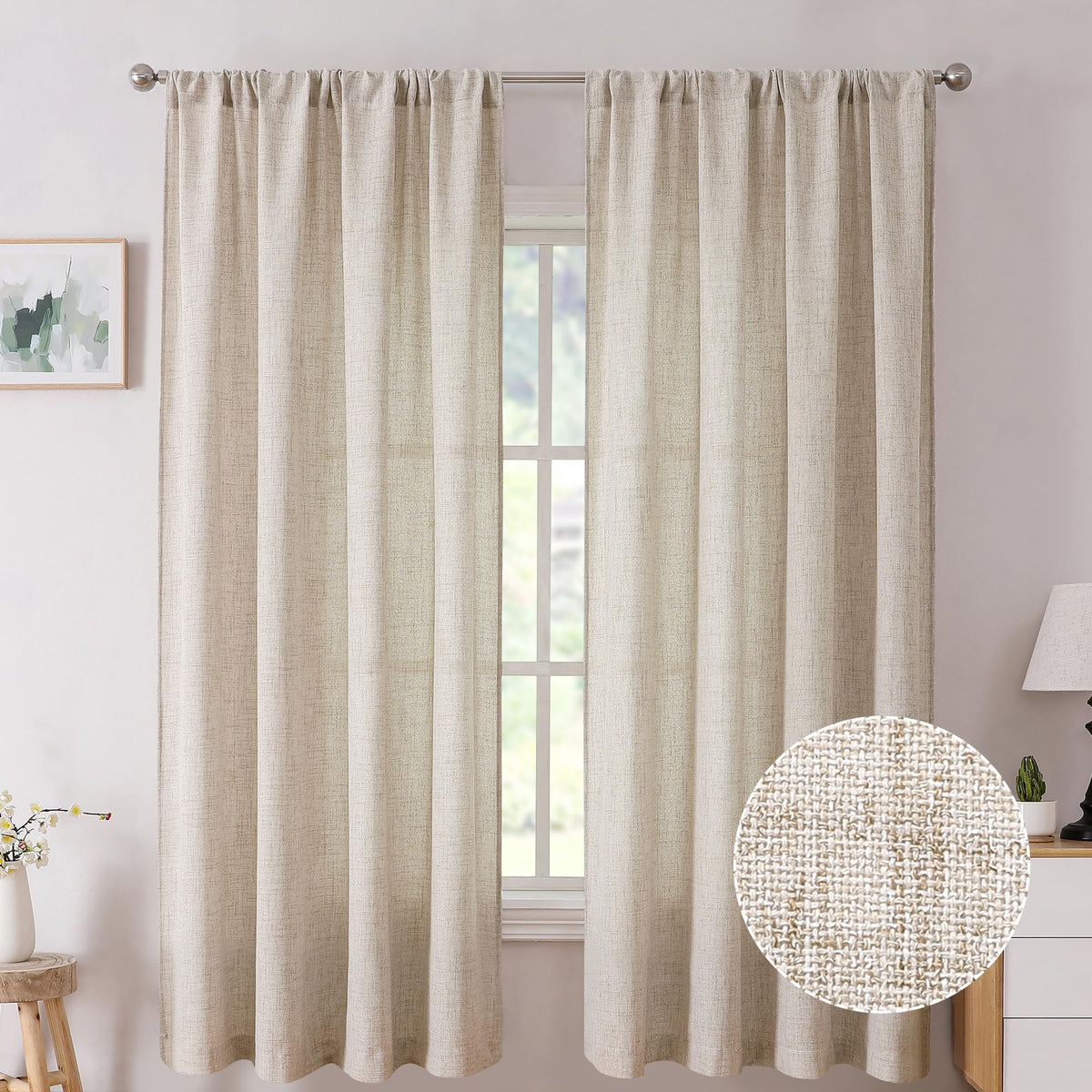Tollpiz linen curtains in living room with rod pocket for easy sliding