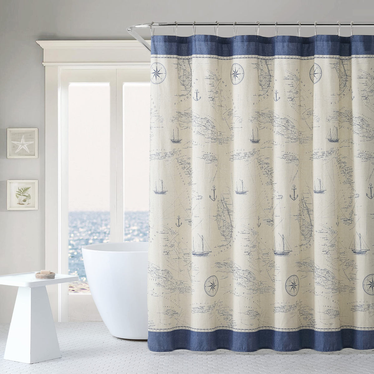 Tommy Bahama shower curtain drapes with medium-weight fabric for everyday durability.