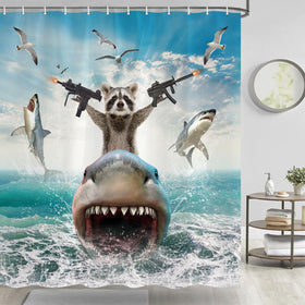 TOMOZ shower curtain features raccoon riding shark, durable for kids’ baths.