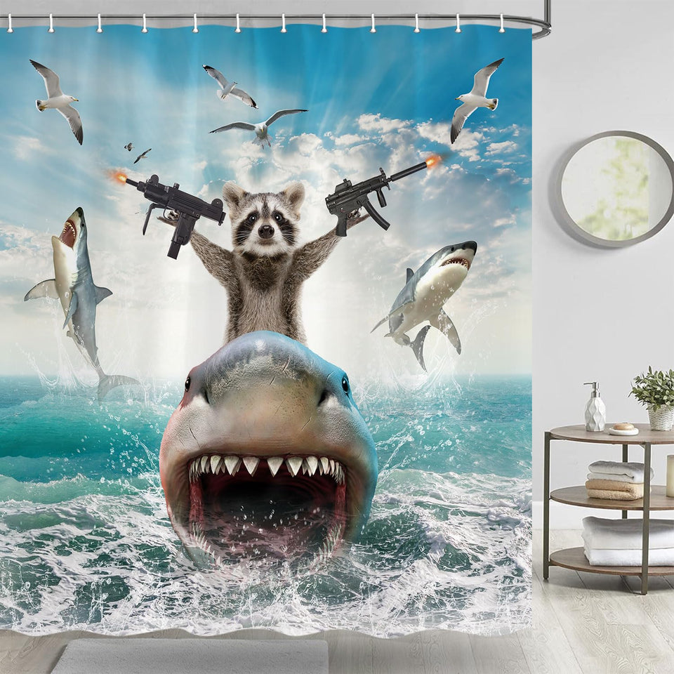 TOMOZ shower curtain features raccoon riding shark, durable for kids’ baths.