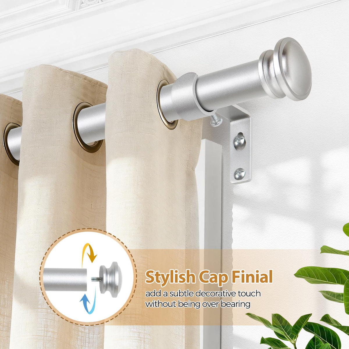 TONIAL silver finials on curtain rod add understated decor appeal.