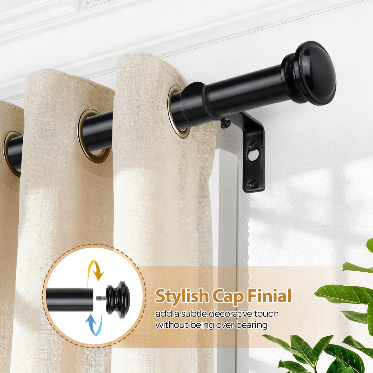TONIAL curtain rod close-up shows small finial ends for a refined look.