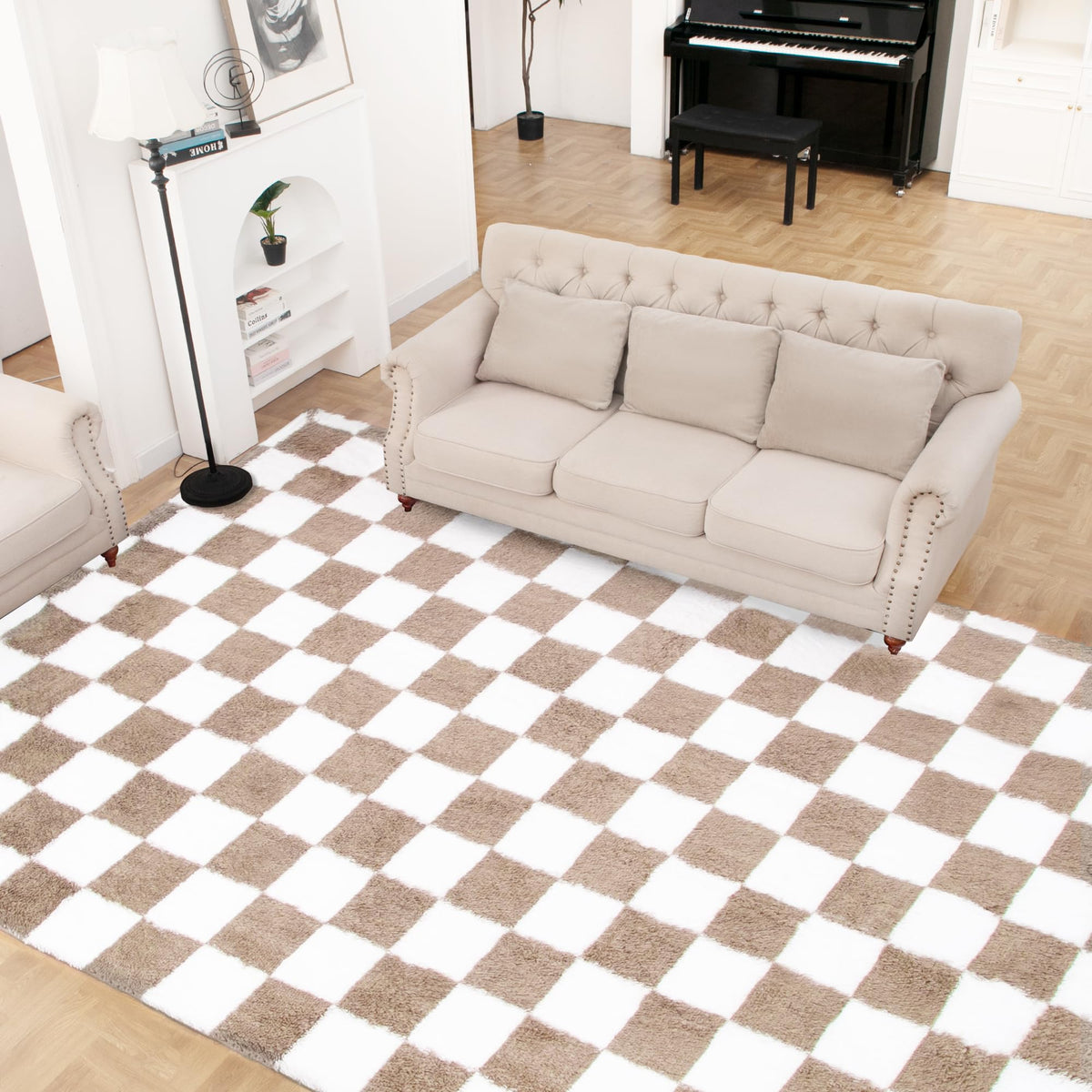 TOOHUB beige-white checkered rug for living spaces adds modern vintage style
