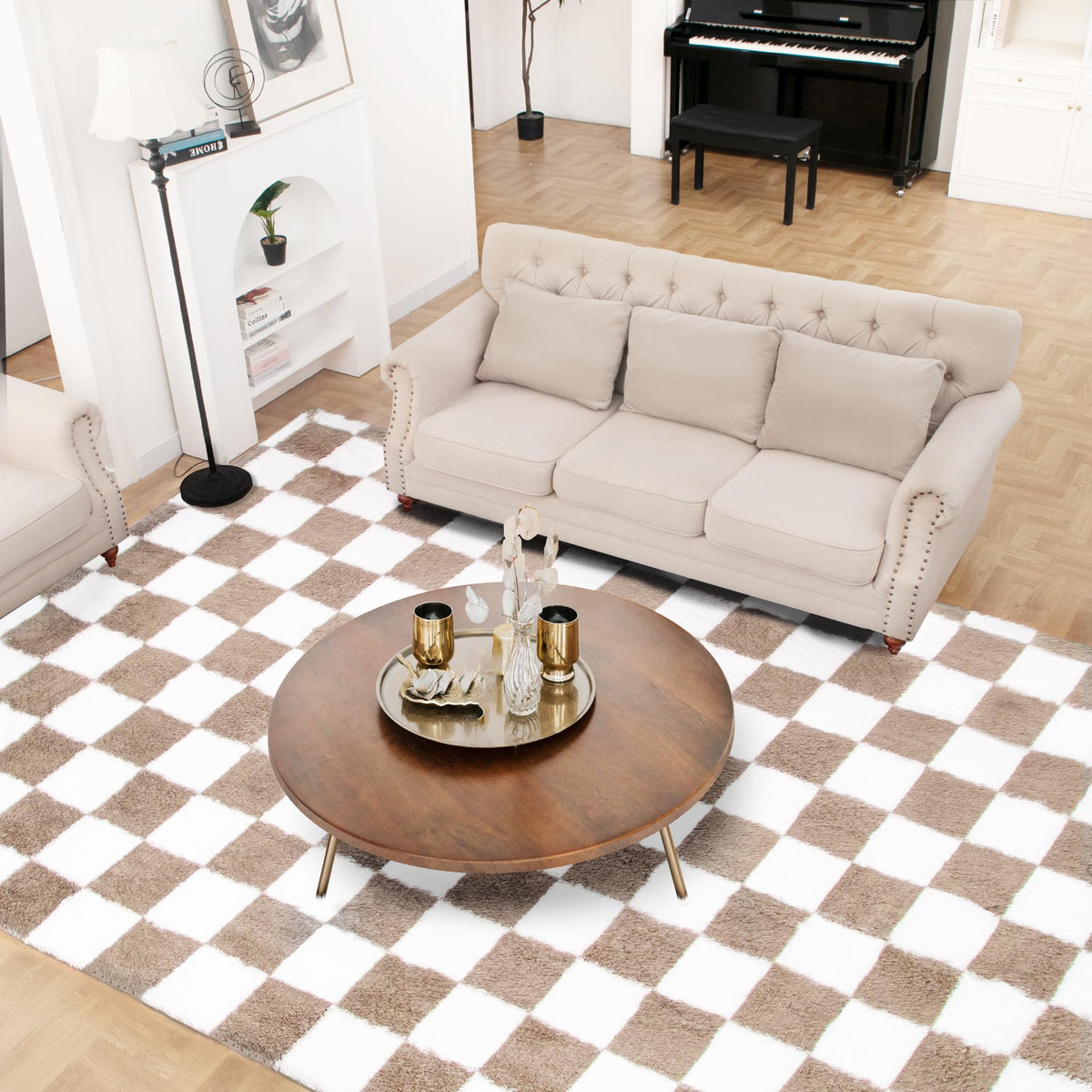 TOOHUB fluffy checkered rug with high pile adds warmth and texture.
