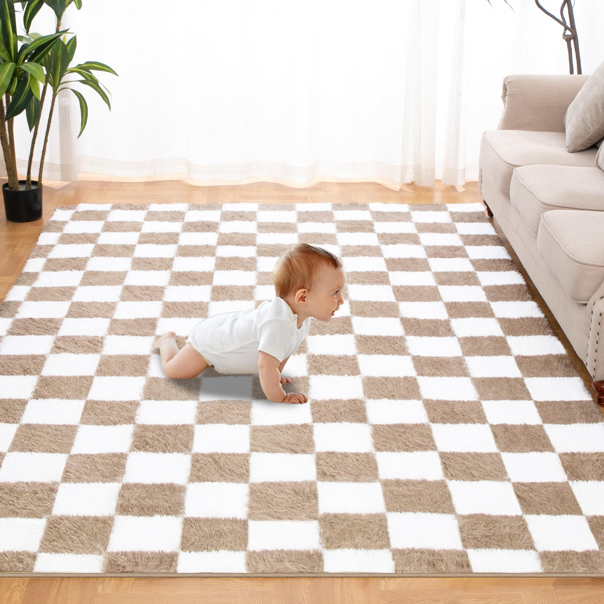 TOOHUB super-soft rug in beige and white checkered pattern offers cloud-like underfoot comfort.