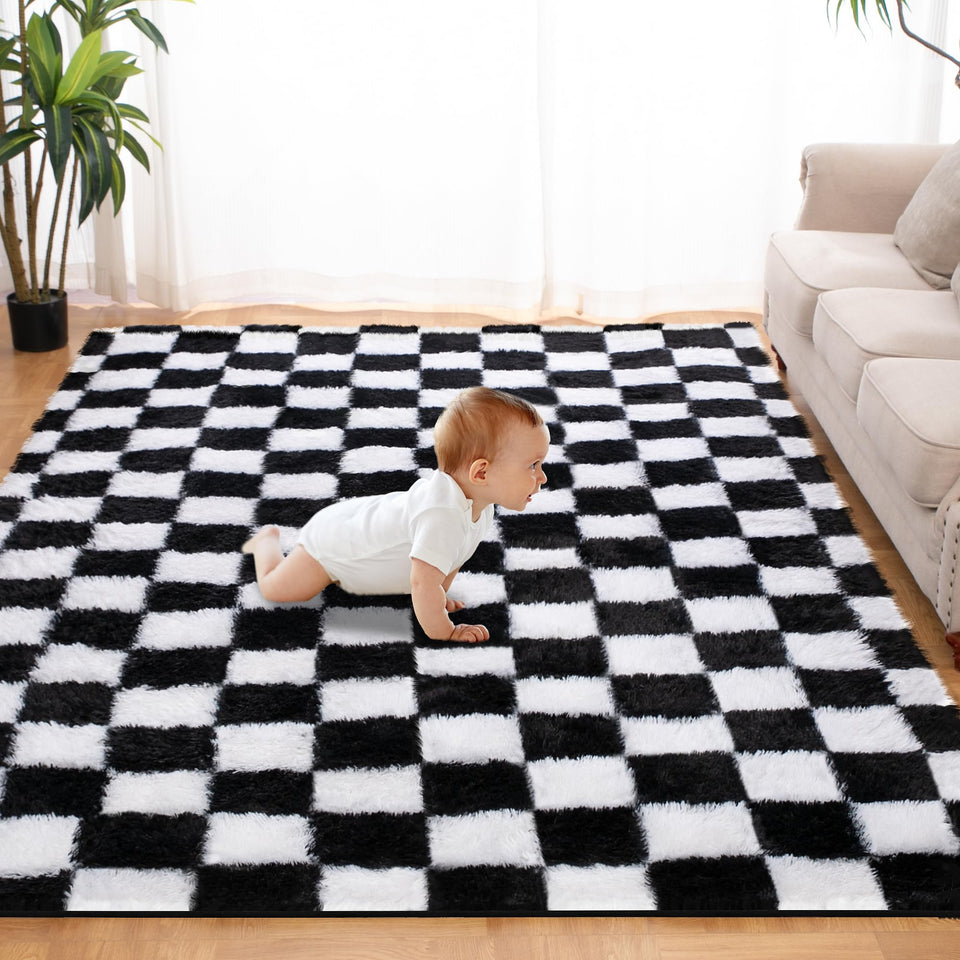 TOOHUB super soft rug with black and white checkered pattern for cozy living spaces.
