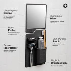 TOOLETRIES Harvey multi-compartment holder keeps bathroom essentials organized.
