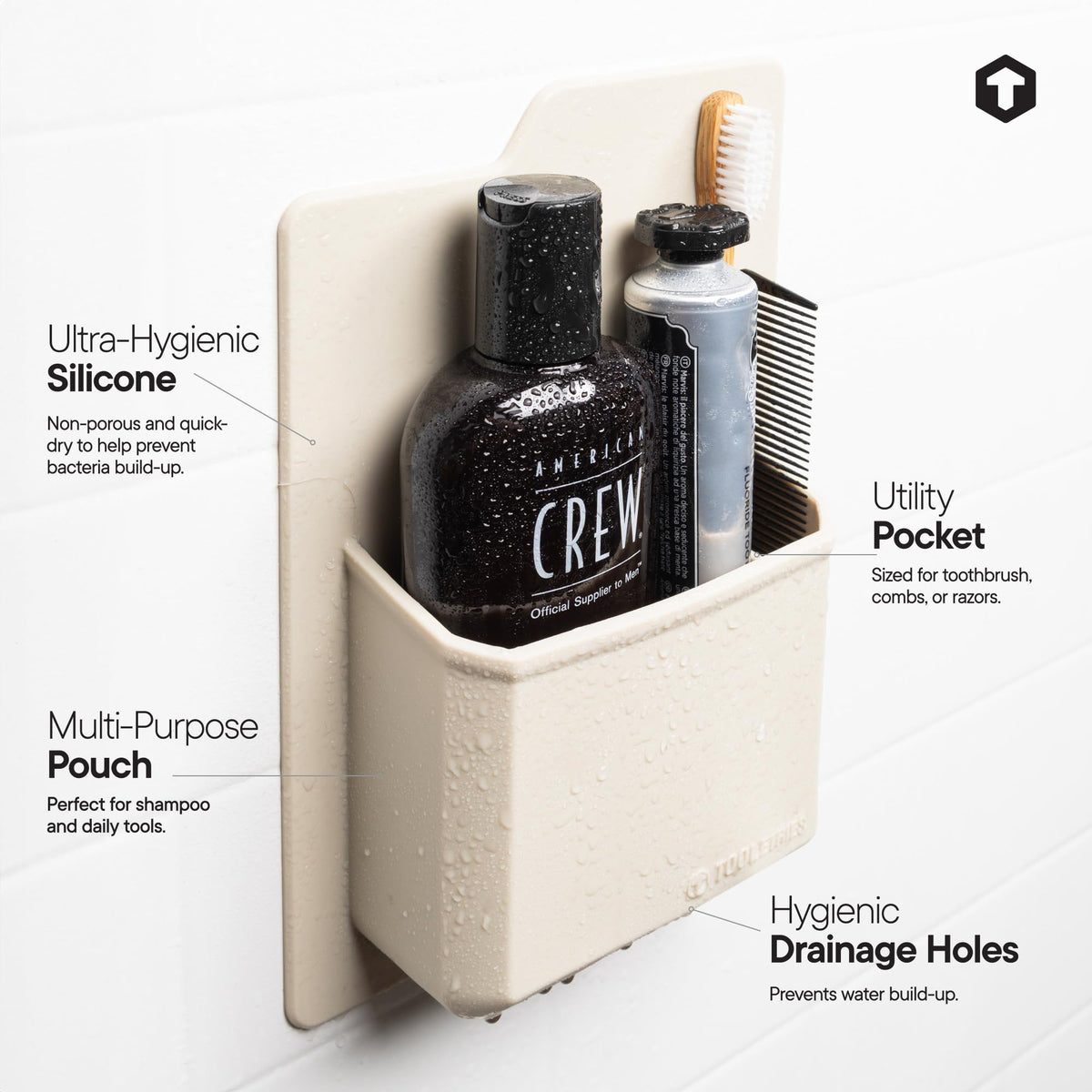 TOOLETRIES James silicone grip application adheres to glass surfaces with ease.