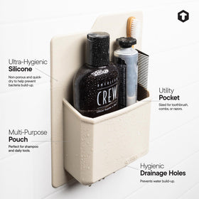 TOOLETRIES James silicone grip application adheres to glass surfaces with ease.