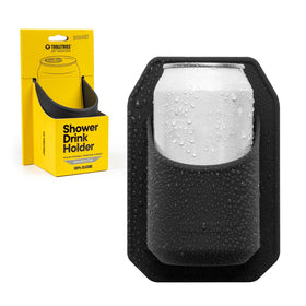 TOOLETRIES shower drink holder in silicone on glass surface for secure placement.
