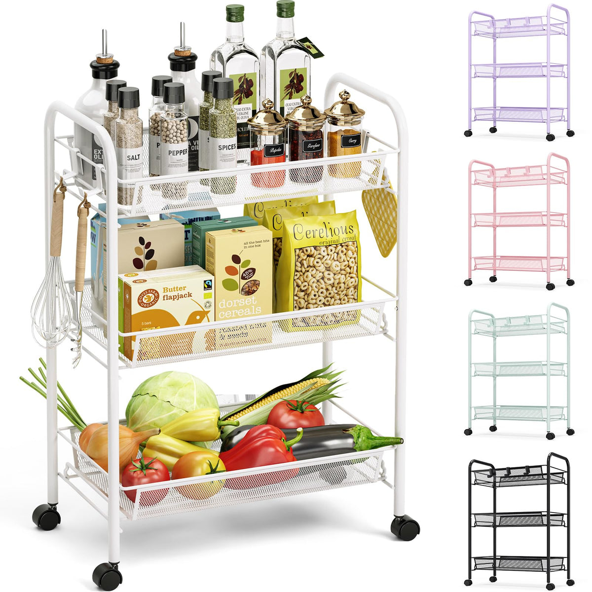 TOOLF 3-tier cart front view with mesh baskets for organized storage.