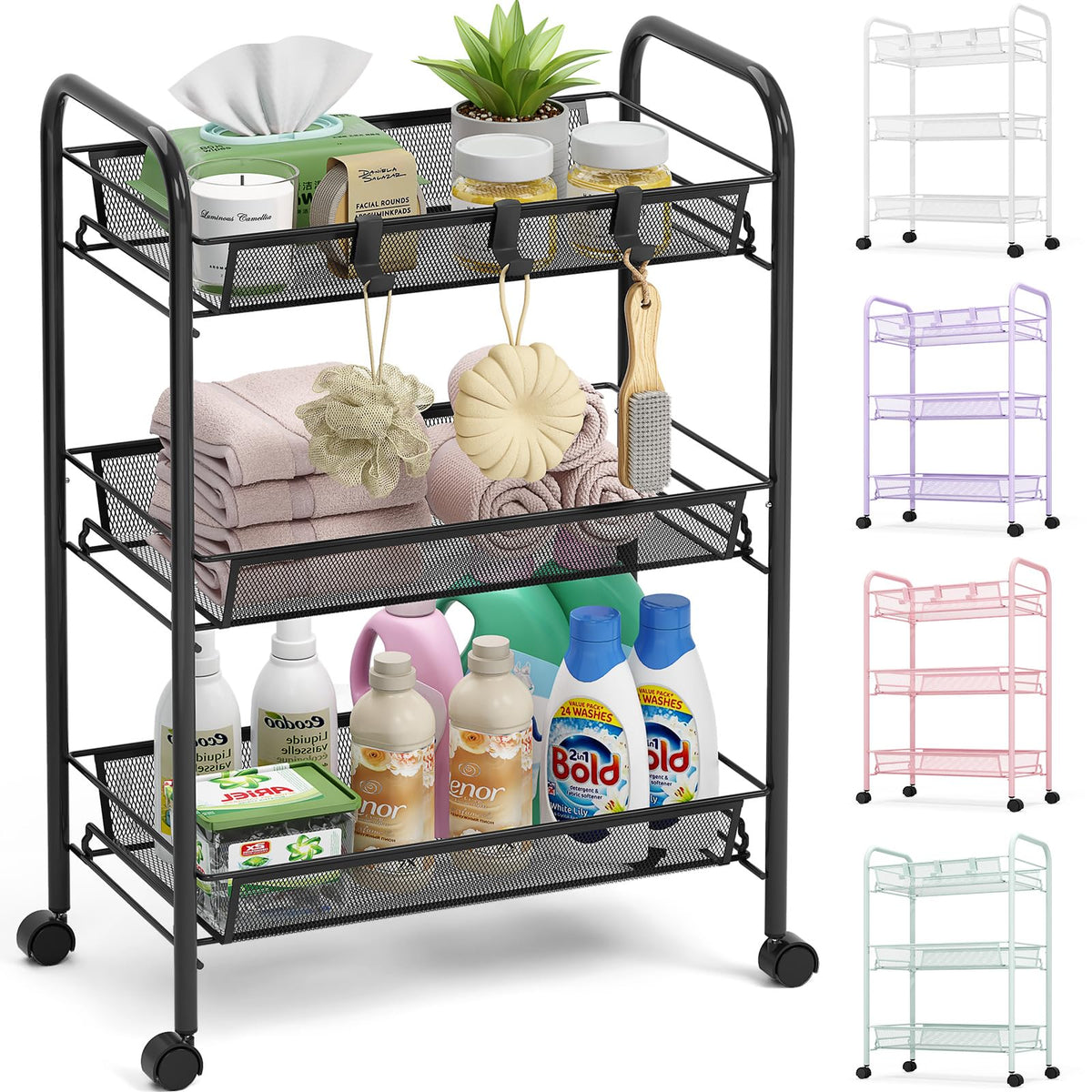TOOLF 3-tier metal cart with mesh shelves for versatile storage.
