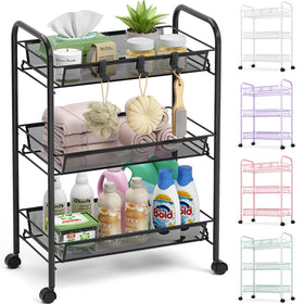 TOOLF 3-tier metal cart with mesh shelves for versatile storage.