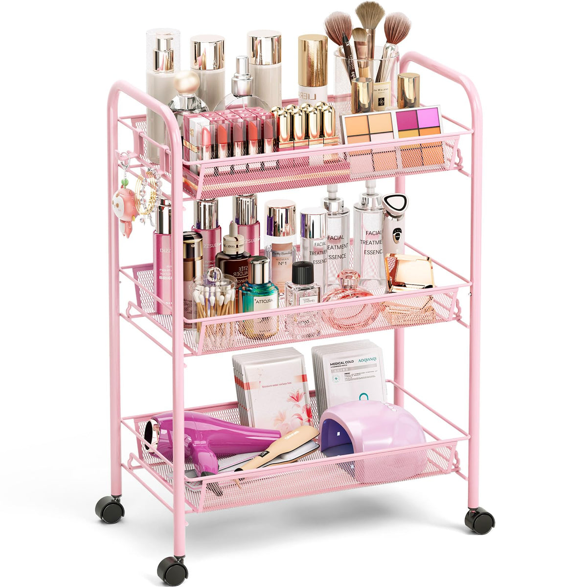 TOOLF 3-tier pink rolling cart showing compact storage in a small space