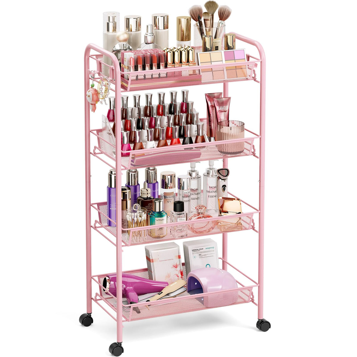 TOOLF 4-tier rolling cart pink frame for sleek kitchen organization and mobility.