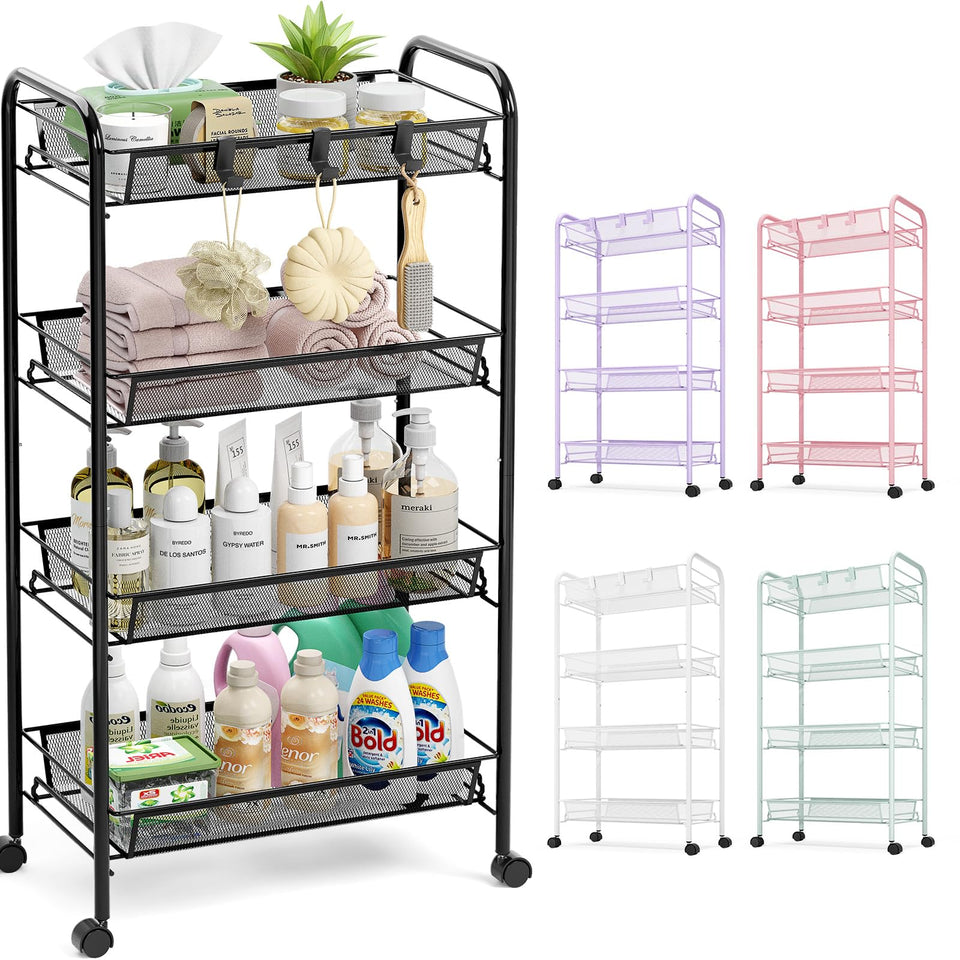 TOOLF 4-Tier rolling cart front view shows roomy shelves for versatile storage.