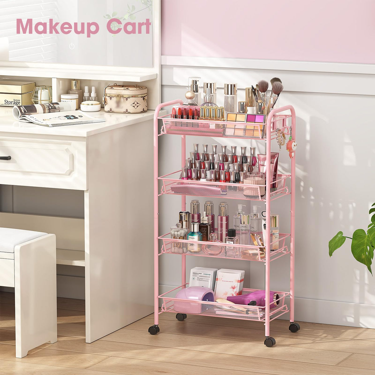 TOOLF rolling cart with pink finish and handy side hooks for pantry use.