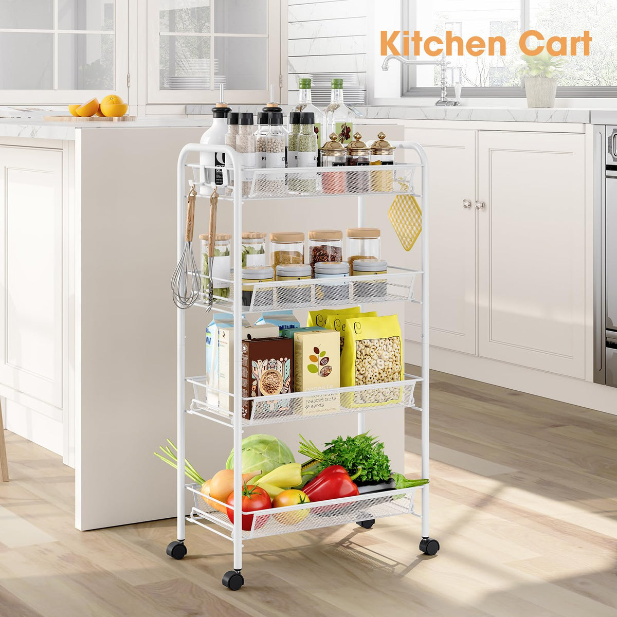 TOOLF rolling cart with three hooks for quick-access bathroom supplies.