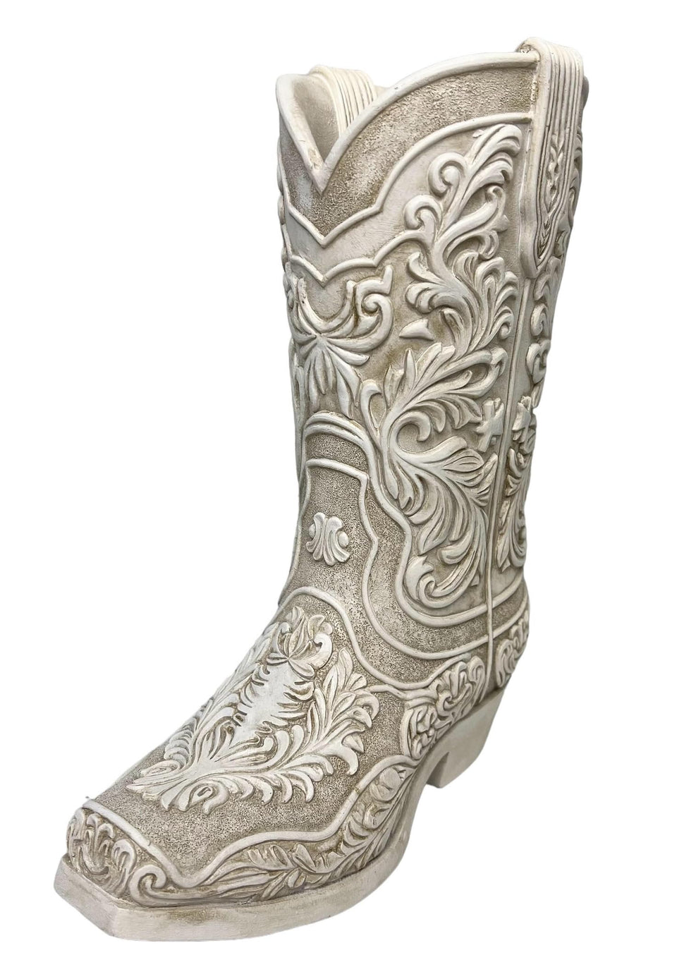 Top Brass Cowgirl Boot Flower Vase with antique white finish showing intricate detailing.