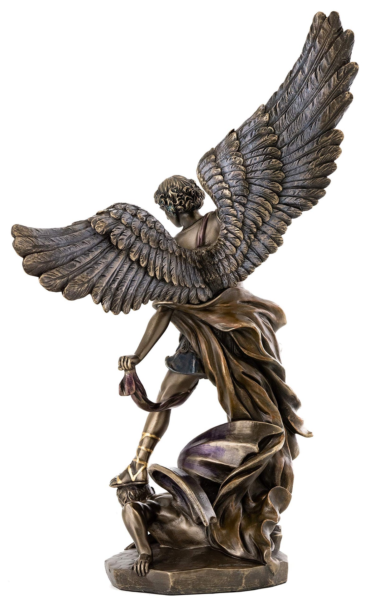Top Collection Archangel Michael statue close-up, bronze finish highlights intricate details