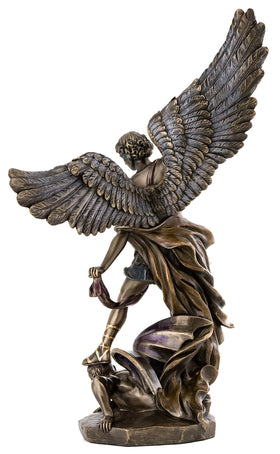 Top Collection Archangel Michael statue close-up, bronze finish highlights intricate details